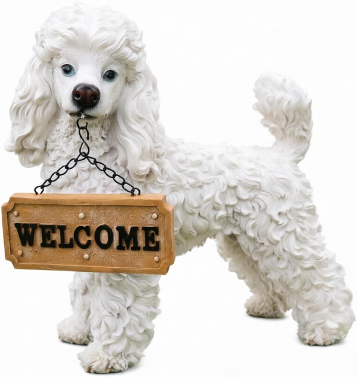 Realistic White Poodle Dog Garden Statue - 15" Standing Standard Poodle Sculpture for Front Porch, Yard Decor - Outdoor Solar Light Figurine with Welcome Sign