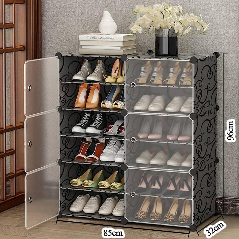 Image of AYSIS 12 Shelf DIY Shoe Rack Box Organizer ^ Multi-Purpose Plastic Shoe Rack for Home, PP Plastic Home Rack with Door for Entryway, Chappal Slipper Shoe Stand【Black, 12-Shelf-6-Door】