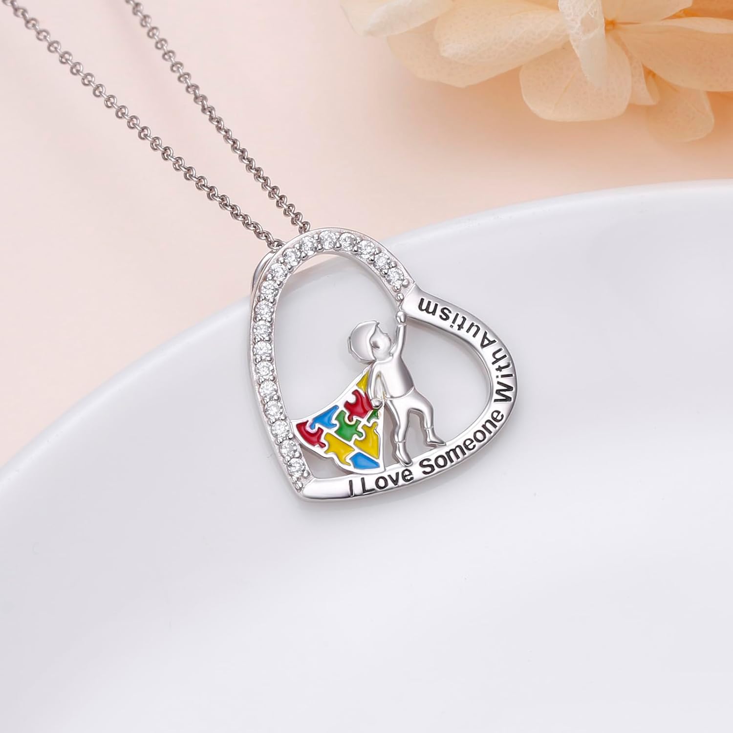 DAOCHONG S925 Sterling Silver Autism Awareness Necklace Puzzle Piece Pendant ASD Jewelry Inspirational