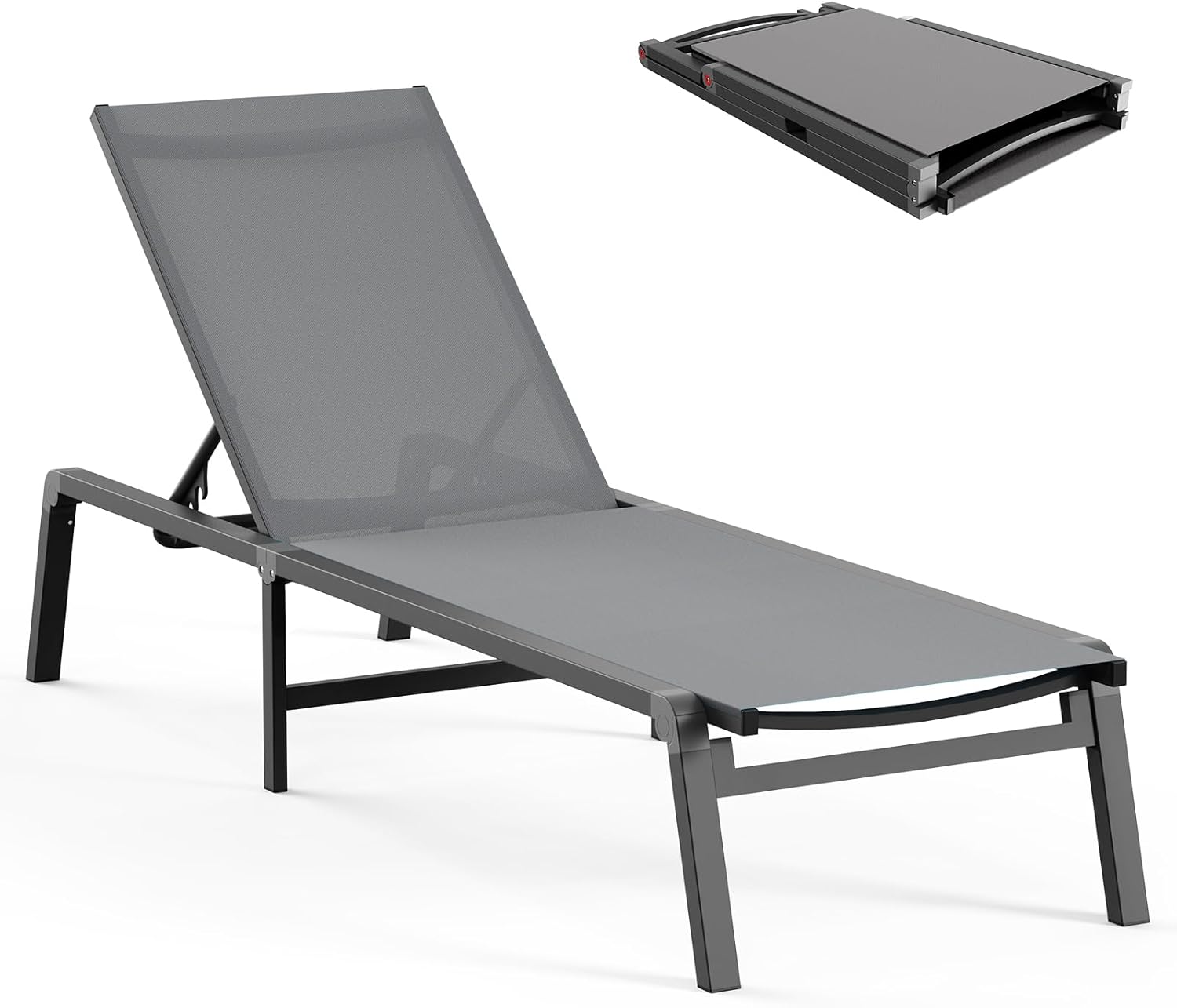 CIOKEA Foldable Aluminum Chaise Lounge Chair - No Assembly, 5 Adjustable Backrest Positions, Weatherproof Outdoor Poolside Lounger, Grey