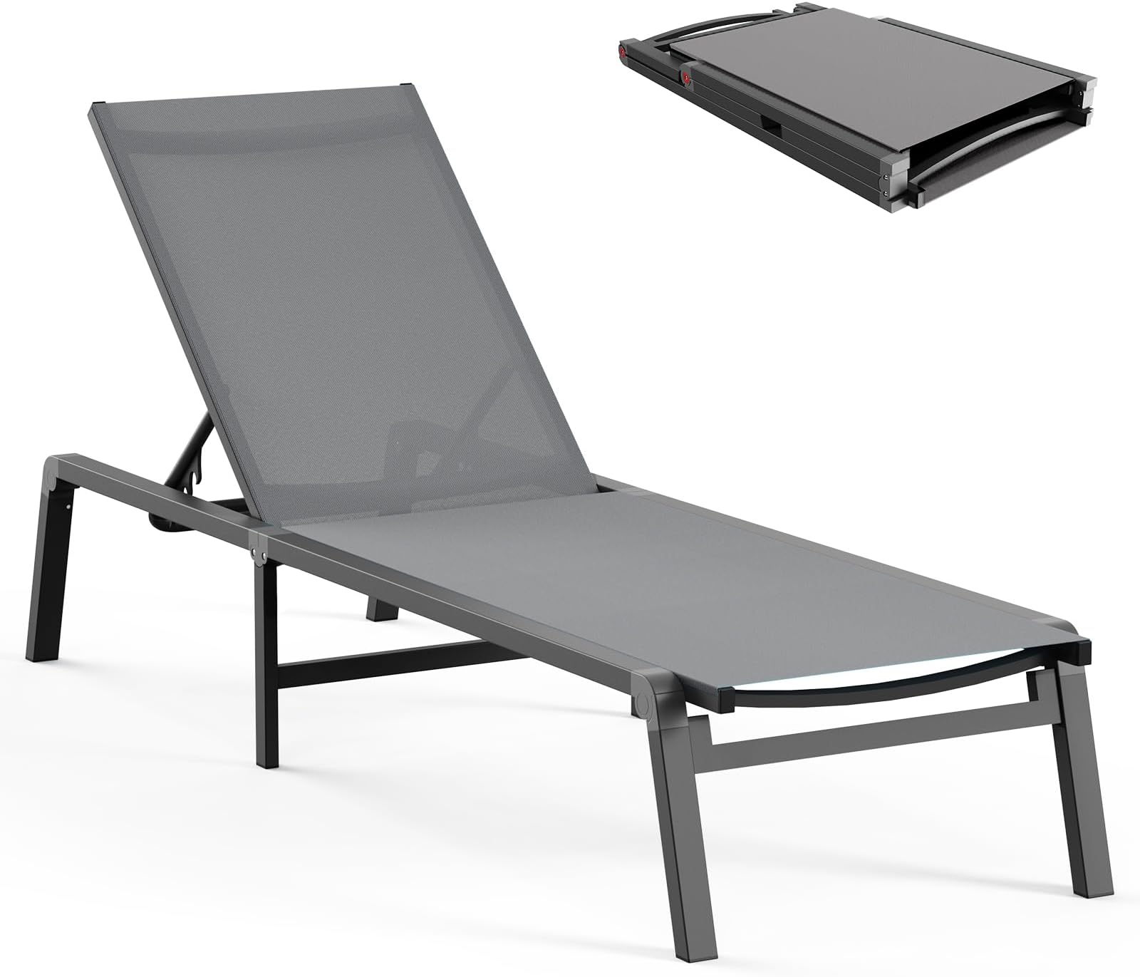 Ciokea Aluminum Chaise Lounge Ourdoor - Foldable & Assemble Free Outdoor Lounge Chair with 5 Adjustable Backrest, Patio Lounge Chair for Outside Poolside Beach Pool, Grey