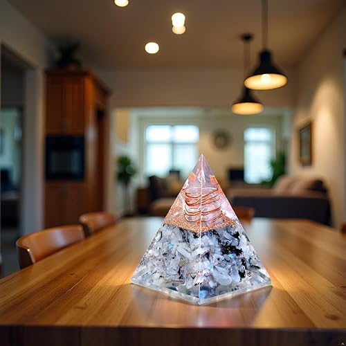 Miniatura 7 de Ever Vibes Nueva pirámide de orgonita inspiradora para la positividad | Pirámide de orgón de piedra lunar arcoíris para fuerza – meditación, yoga,