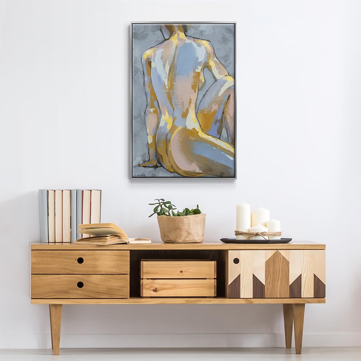 Renditions Gallery Canvas Glam Wall Art Home Paintings & Prints Elegant Lady Posing Portrait Abstract Silver Floater Frame Decorations for Office Kitchen Living Room - 25"x37" LT543