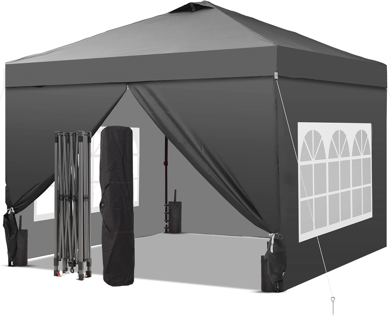 GDY 10x10 Pop Up Canopy Tent with 4 Sidewalls, Easy Set up with One Push Lift Outdoor Silver Coated Beach Gazebos, Carpas with 4 Sandbags, for Events, Parties,Camping, Gray.