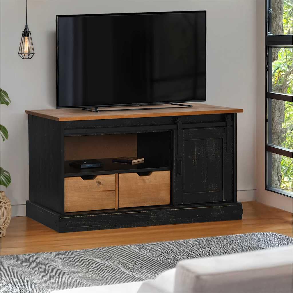 Mobile Porta TV HALDEN Nero con Anta Scorrevole in Legno Massello di Pino e Metallo 110x40x60 cm con Due Cassetti e Ripiani per Soggiorno, Camera, Consolle, Supporto TV, Scaffale, Credenza