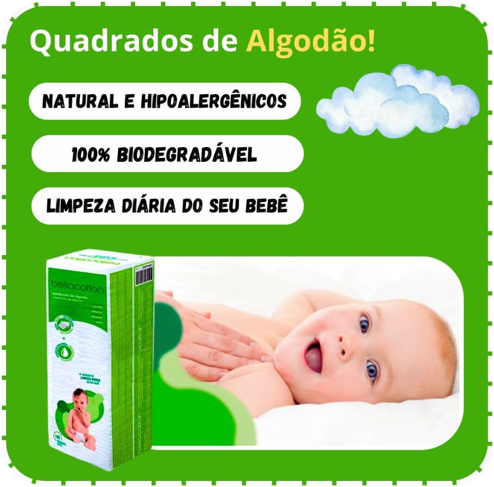 Algodão Bellacotton Quadrado Bebê Sem Perfume 300 Unidades