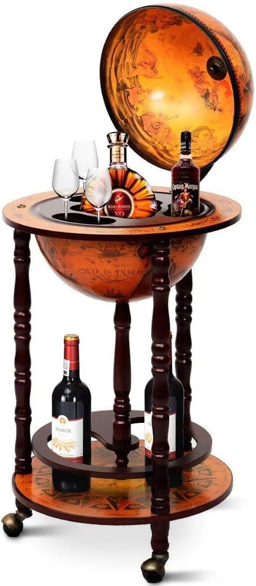 LUARANE 17” Wooden Wine Bar Stand Cart, Movable 16th Century Italian Replica Liquor Bottle Shelf Cabinet w/ Bottom Shelf & Wheels, Globe Wine Organizer for Spirits Beverages Stemware (Retro Brown)