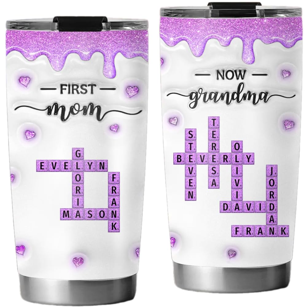 Personalized First Mom Now Grandma Crossword Puzzle 3D Inflated Effect Tumbler Happy Mothers Day Gift for New Grandma