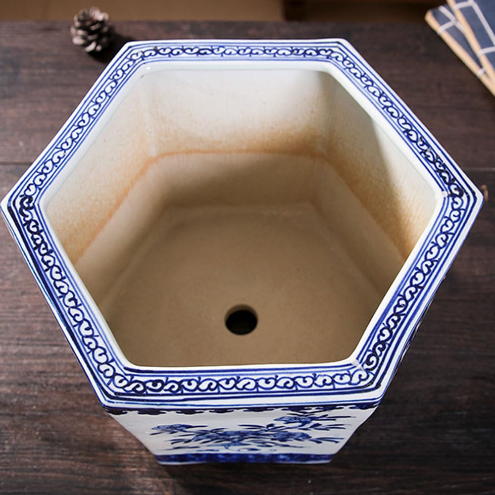 BIVVI Chinoiserie Vaso da fiori in porcellana blu e bianca Jingdezhen vaso da fiori in ceramica con vassoio traspirante pianta verde pianta in vaso collezione ornamento-D |32 x 39 cm