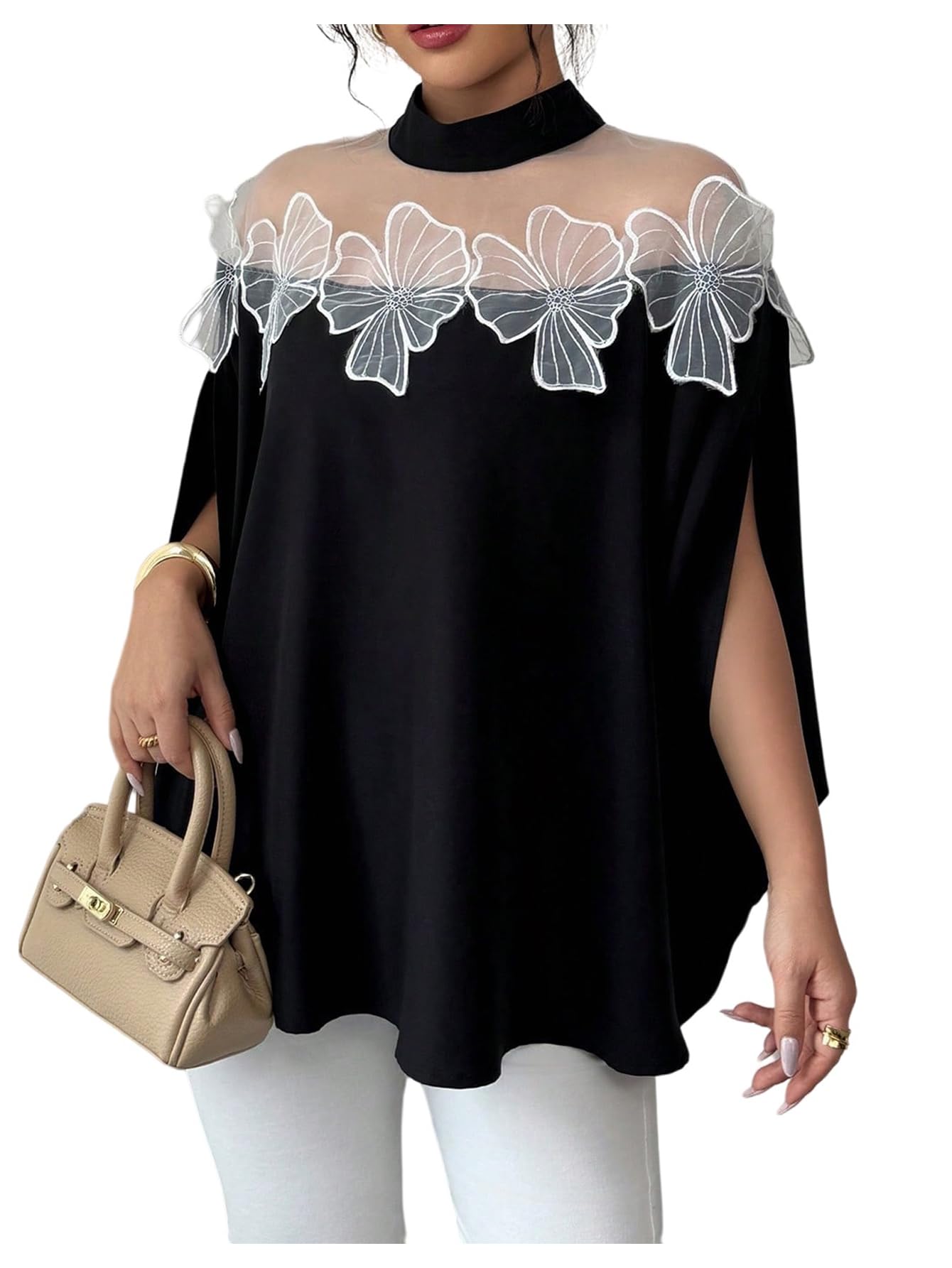 Verdusa Women's Sheer Mesh 3/4 Sleeve Slit Mock Neck Ruffle Loose Blouse Going Out Tops