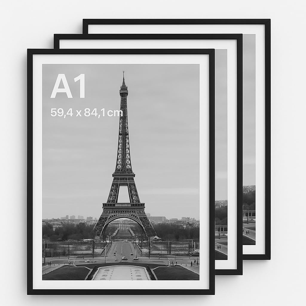 Stunning Large A1 Photo Poster Certificate Frame (59.4 x 84.1 cm) with Backboard and Styrene Included for Portrait and Landscape Display Wall Hanging, Black, A1 3Pack — image 1