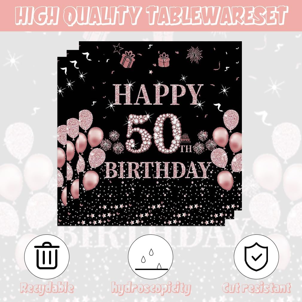 40Pcs Black and Pink 50th Birthday Party Decorations - Happy 50th Birthday Plates Napkins Set for 20 Guests - Image 4