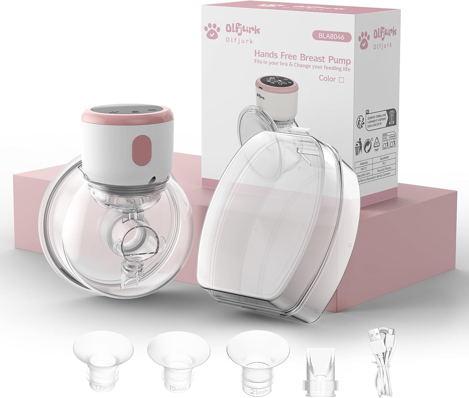 Olfjurk Milchpumpe Elektrische Tragbar, Elektrisch milchpump mit Touchscreen -LCD -Display 4 Modi & 6 Level, Doppelmilchpumpe mit 17/19/21mm Flansch(1 Stück)