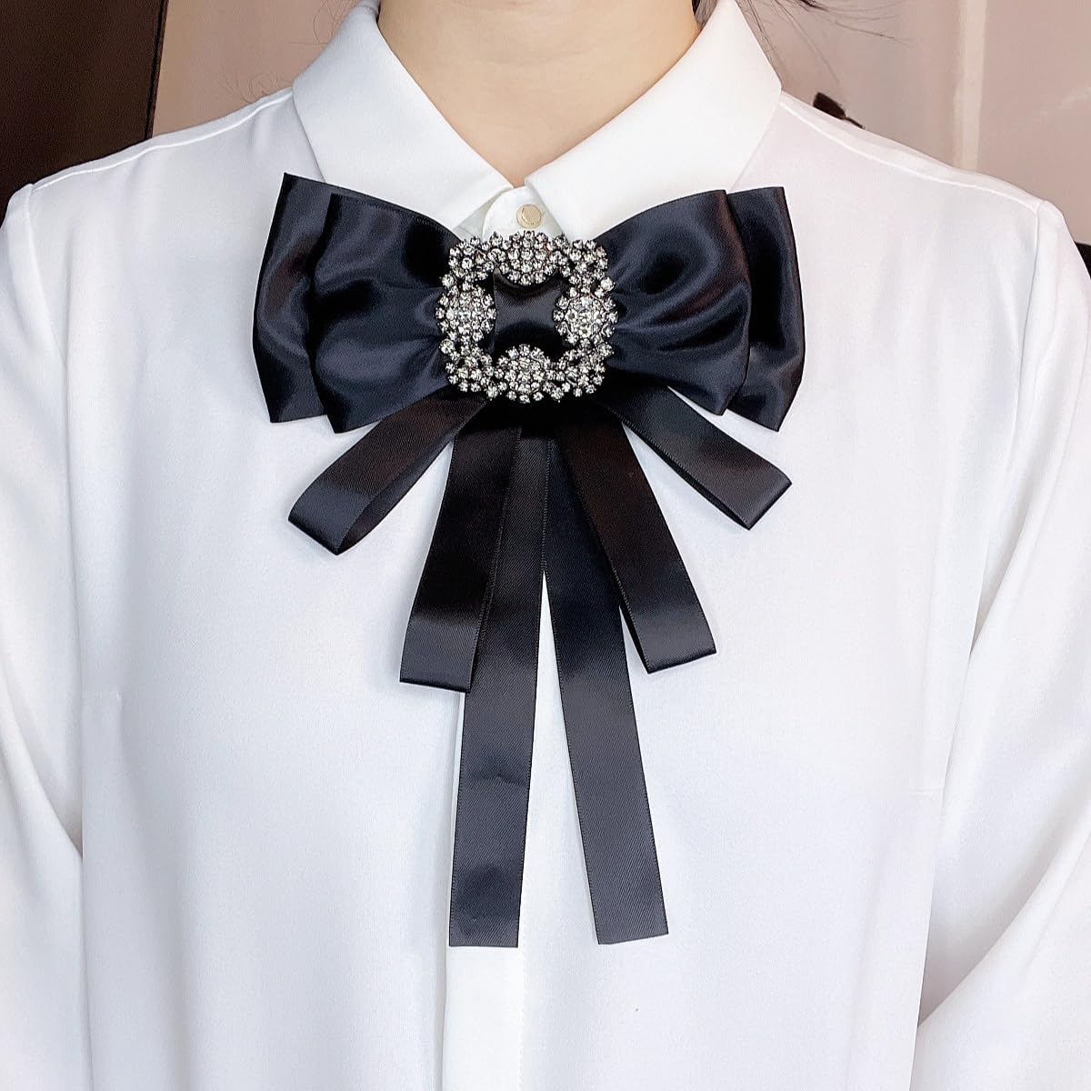 black Ribbon brooch pins for women rhinestone Crystal bow brooch black for Men/Women Pre-Tied Neck Tie BowTie Patriotic jabot Collar for Christmas Decoration (black/J20) - Image 6