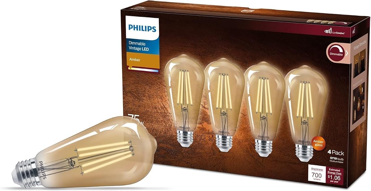 PHILIPS LED 75W ST19 Paquete de 4 bombillas vintage en espiral ámbar (2000K) 700 lúmenes (8,8W = 75W) regulables esmeriladas sin parpadeo