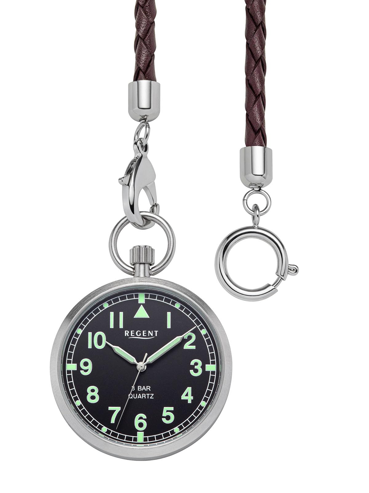 REGENT Herren Taschenuhr Edelstahl 43 MM Quarz Arabische Zahlen mit kurzer Kunstlederkette und Tasche