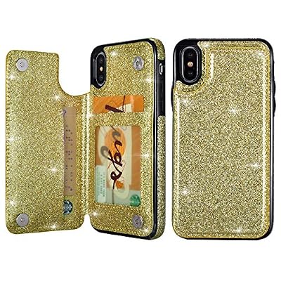 UEEBAI Case for iPhone Xs Max, Premium Glitter PU Leather Case Back Wallet Cover [Two Magnetic Clasp] [Card Slots] Stand Function Durable Shockproof Soft TPU Case for iPhone Xs Max - Gold