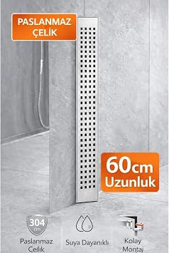 60 cm Lineer Duş Gider Izgarası, 304 Paslanmaz Çelik, 5 cm Genişlik, Kolay Montaj, Suya Dayanıklı