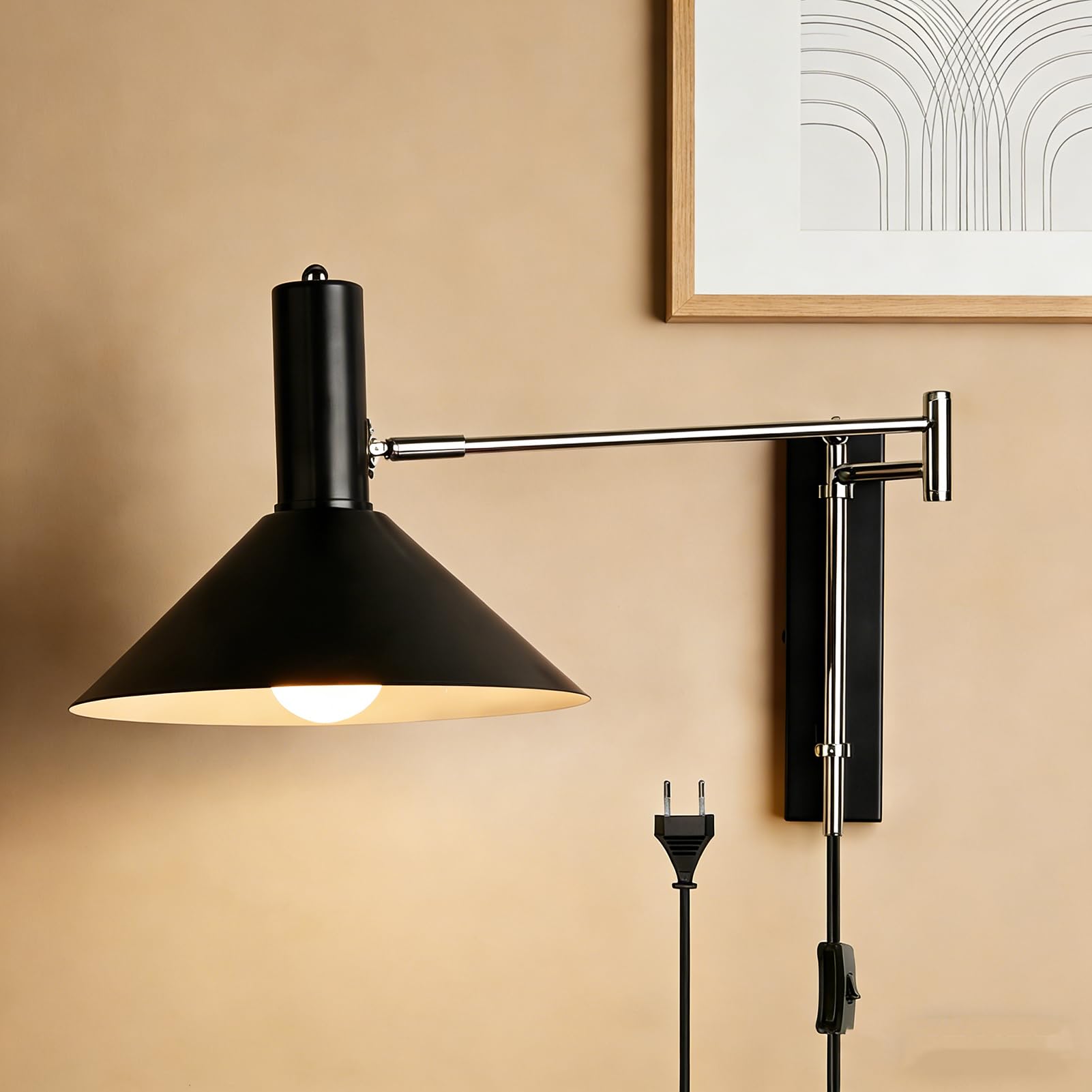 E27 Retro Wandleuchte Verstellbarer Schwenkarm Wandlampe mit Schalter und Kabel Vintage Industrie Innenbeleuchtung Langer Arm Wand Leselampe mit Einstellbarer für Schlafzimmer Büro,Schwarz