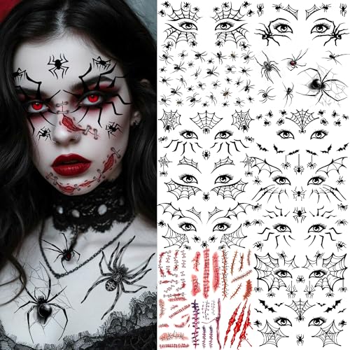 Image of 18 Sheets Horrible Spider Spiderweb Temporary Tattoos Halloween Eye Tattoos Face Tattoo Sticker, Realistic Scary Bloody Stitch Wound Fake Scar Tattoos Halloween Vampire Zombie Makeup Party Accessories