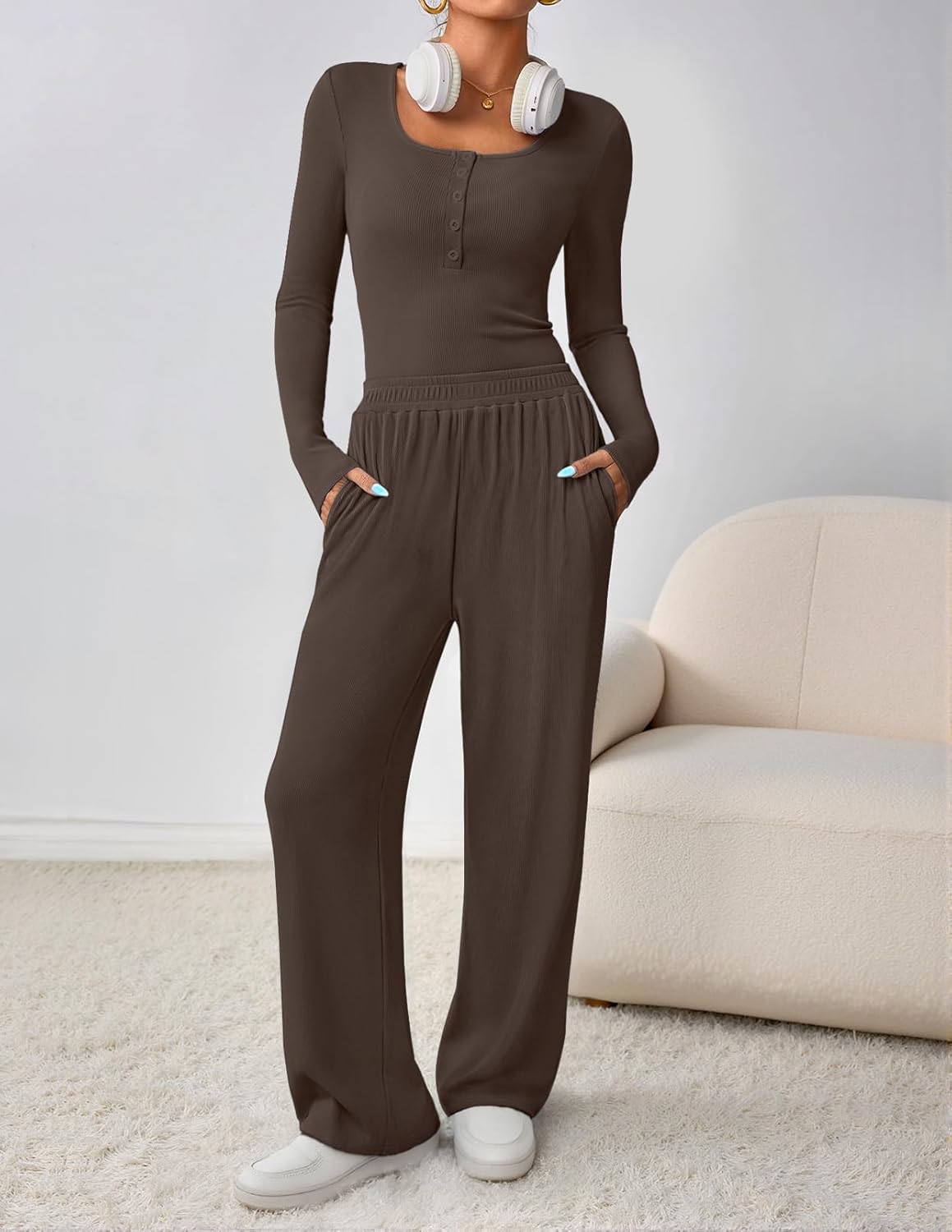 MEROKEETY Women's 2025 Fall Two Piece Airport Outfits Lounge Sets Henley Shirts Wide Leg Pants Matching Sets - Image 3