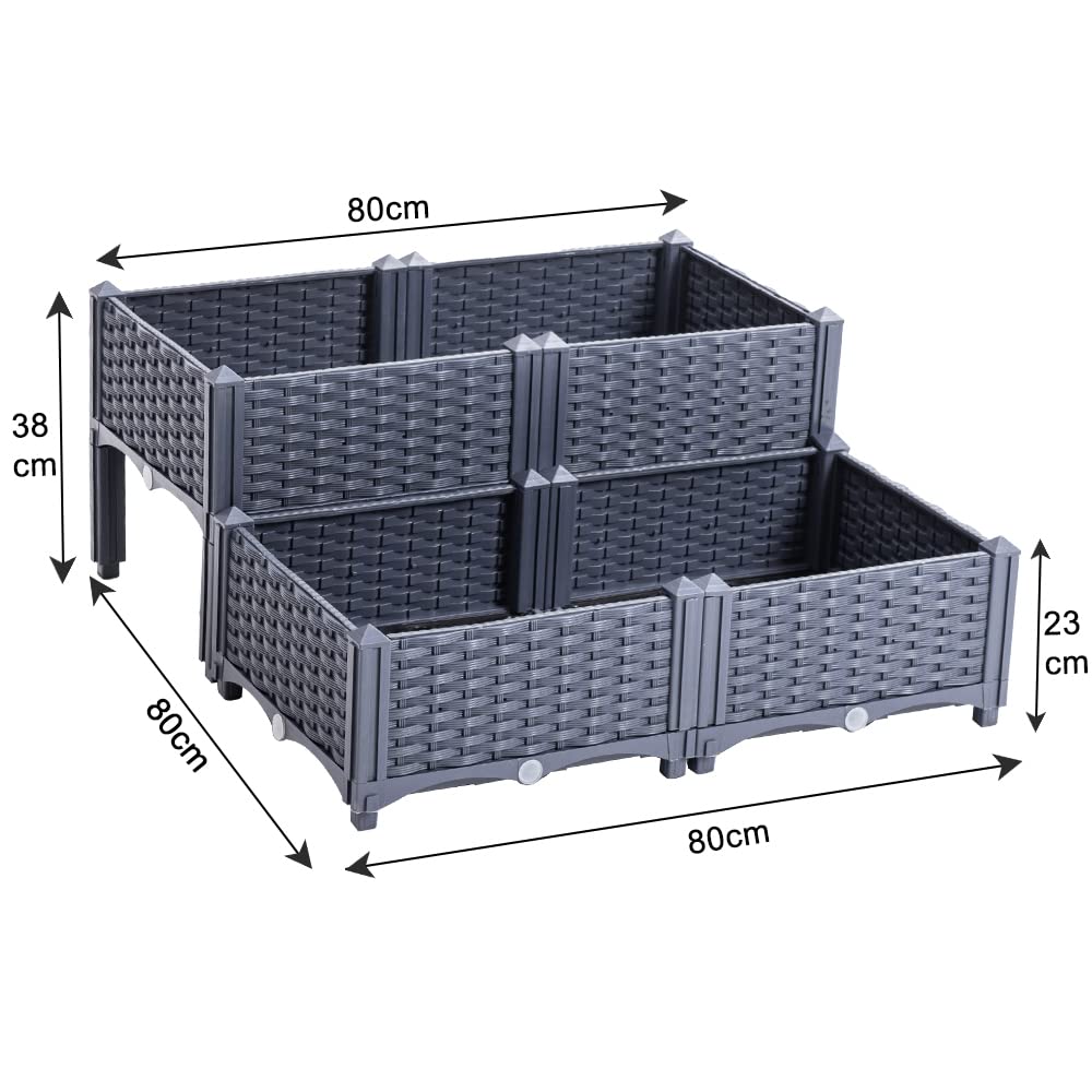 Mingone Pflanzkübel & Blumenkübel Outdoor – Wasserspeicher, Drainage – selbstbewässernd für Kletterpflanzen, ideal für Balkon, Terrasse & Garten (80×80×23-38cm, Rattan-Optik Graublau)