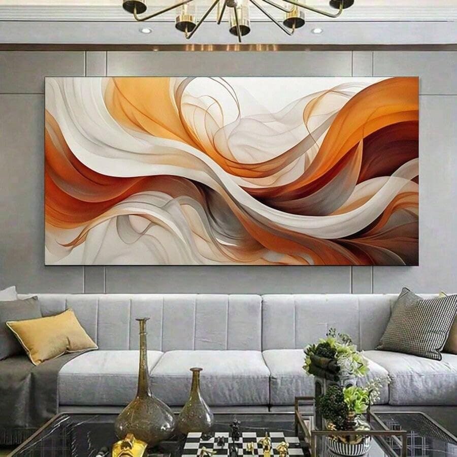 Tableau abstrait lignes orange et brunes 50x100 cm | Déco murale moderne salon