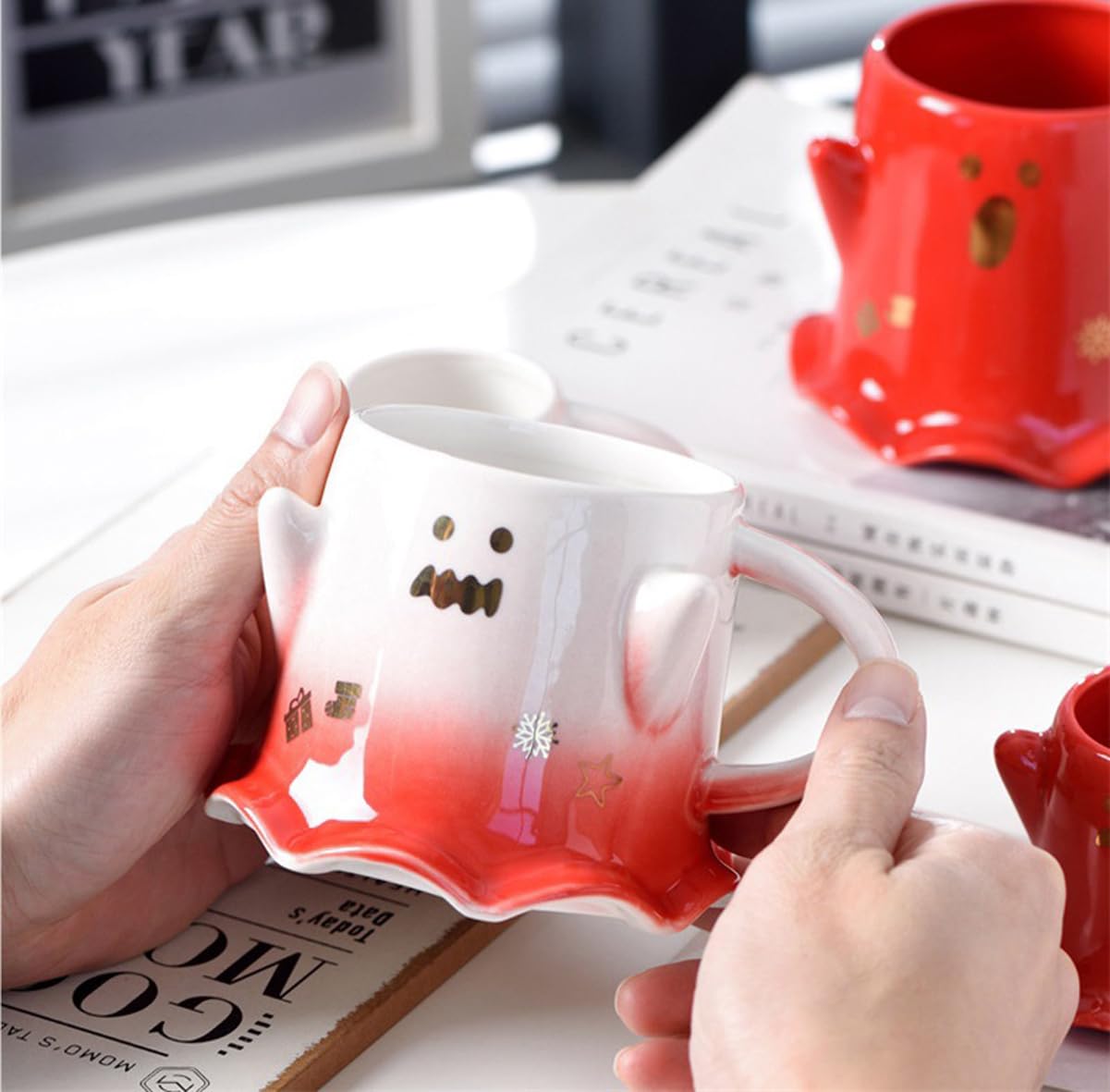 KKGUD Novelty Mini Cup, Ceramic 4.5oz Halloween Coffee Cup with Spoon- Scary Ghost (White+ Red), Scary Ghost- White& Red, 130ml, Small - Image 3