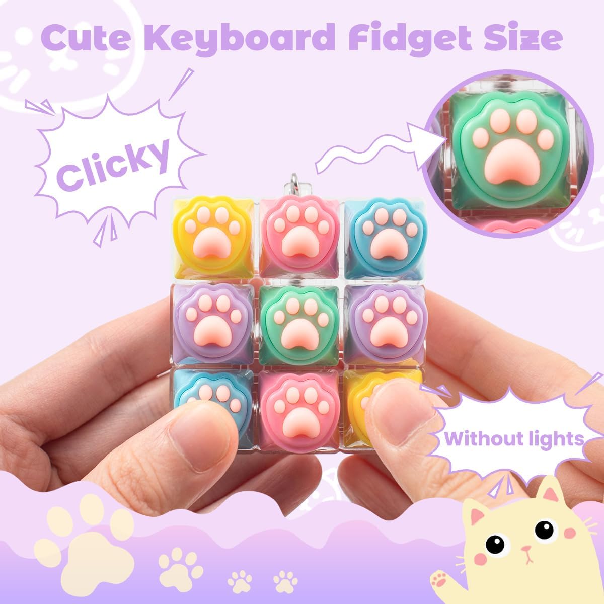 3 Pcs Keyboard Fidget Toy for Adult, Cute Loud Fidget Keyboard Keychain, Light Up Keyboard Clicker Fidget Toy, Cat Paw Button Fidget Clicker Sensory Toys for Ideal Anxiety Stress Relief Gift
