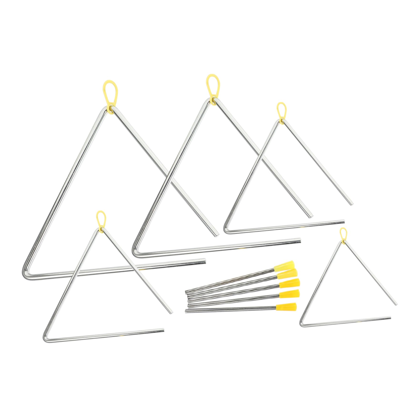Instrumento de Percusión Triangular de Hierro 5 Juegos para Niños | Juegos de 4, 5, 6, 7 y 8 Pulgadas, Color Plata y Amarillo, Diseño Delicado, Ligero y Resistente al Desgaste