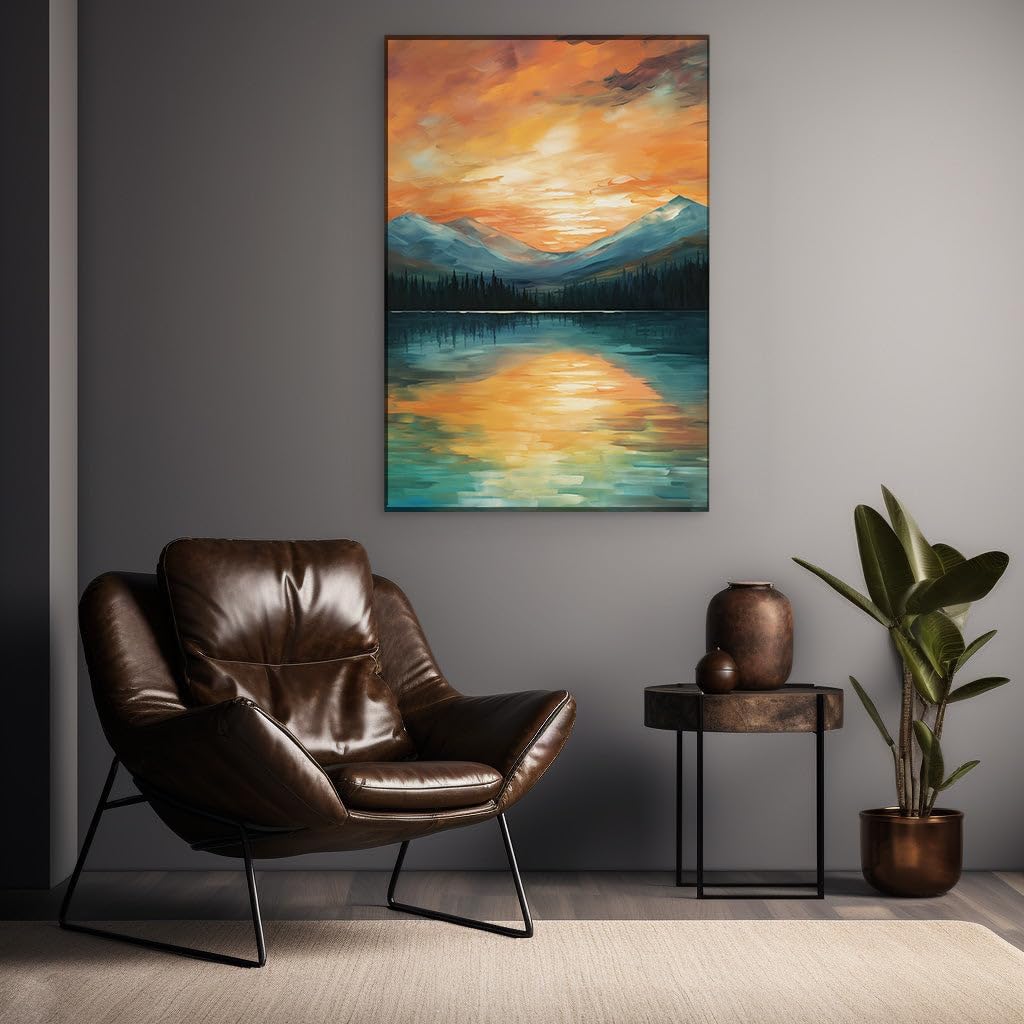 Canvas for Living room. Serene Sunset Over Mountain Lake - A Tapestry of Vivid Colors and Reflections, 27 x 18 inch Canvas Wall Art - Contemporary Masterpieces - Modern Home Decor