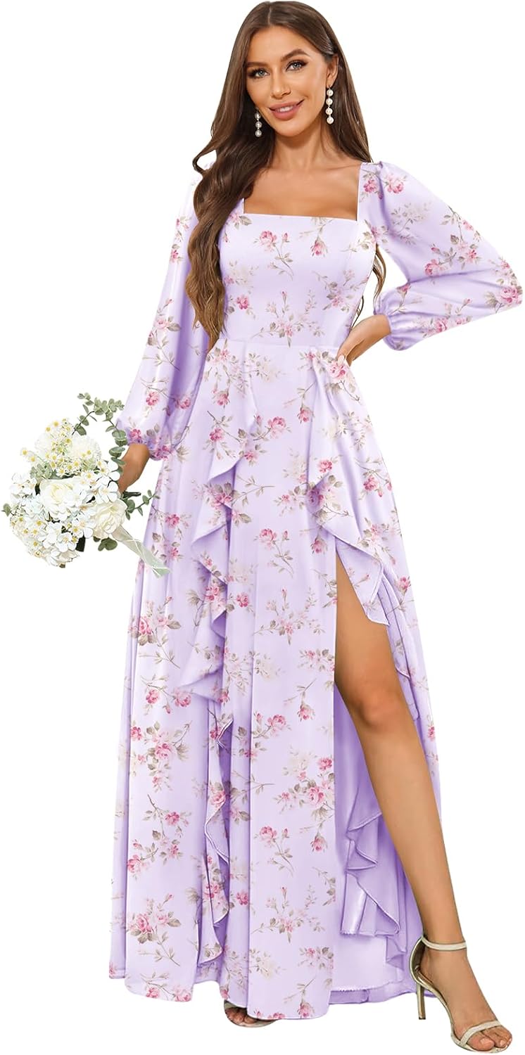 Fall Long Sleeve Bridesmaid Dresses for Women Modest Square Neck Ruffle Long Formal Wedding Guest Dress