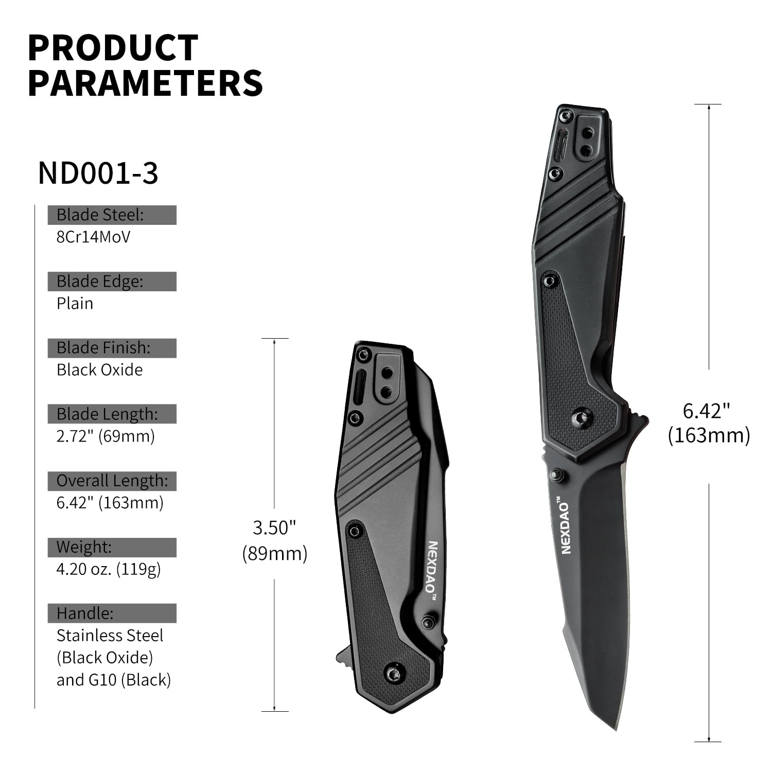 NEXDAO Folding Pocket Knife with 8Cr14MoV Blade Camping Knife With G10 and Steel Handle EDC Knife with 2-Position Pocket Clip