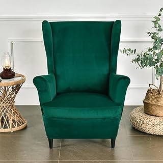 LiveGo Wing Chair Cover Wing Back Arm Chair Furniture Protector Cover Wing Chair Slipcovers Sofa Cover Velvet Plush High Stretch Slip Resistant Fabric 1 Piece with Elastic Bottom (Dark Green)