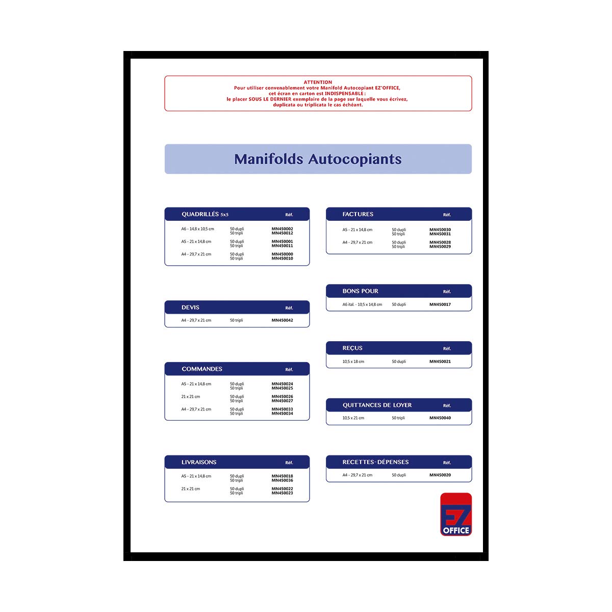 Manifold Factures avec mention de TVA Tripli A4 Taille: 210 x 297 mm / 21 x 29,7 cm Foliotage 50 feuillets Tripli autocopiants EZ Office