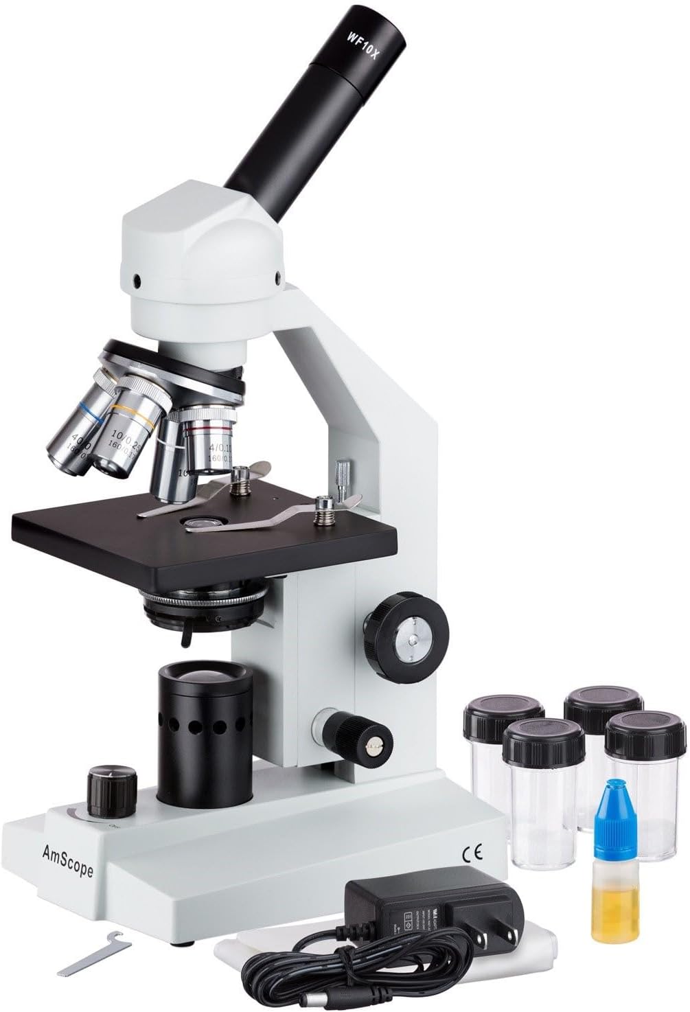 AmScope M500-LED Cordless Monocular Compound Microscope, WF10x Eyepiece, 40x-1000x Magnification, Anti-Mold Optics, LED Illumination, Brightfield, Abbe Condenser, Coarse and Fine Focus, Plain Stage, 110V or Battery