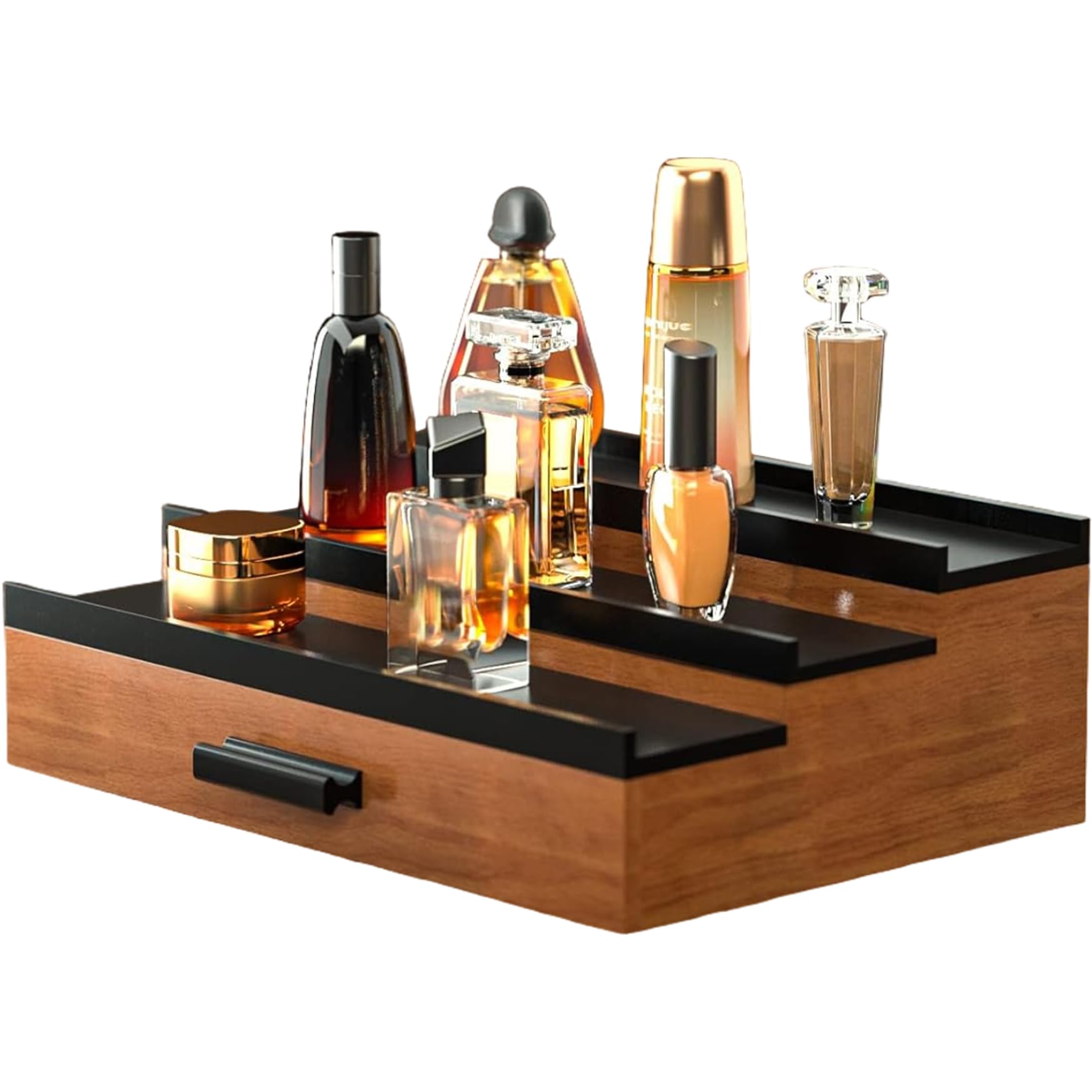 Organizador de perfumes, soporte de madera para colonia de 13x8x4 pulgadas con cajón, soporte de exhibición de perfume de 3 niveles con asa, estante retro de colonia para el hogar, tienda, organizado
