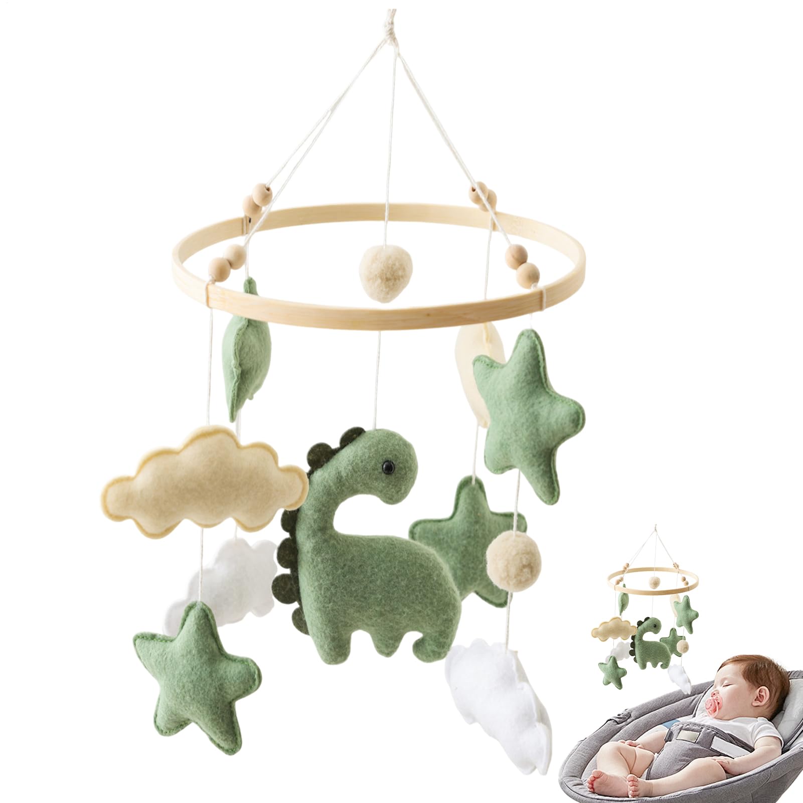 Dinosaur Crib Mobile for Babys - Organic Cotton Sensory Nursery Toy with Wooden Frame, Calming Bedside Soother for Girls & Boys, Eco-Friendly Developmental Gift