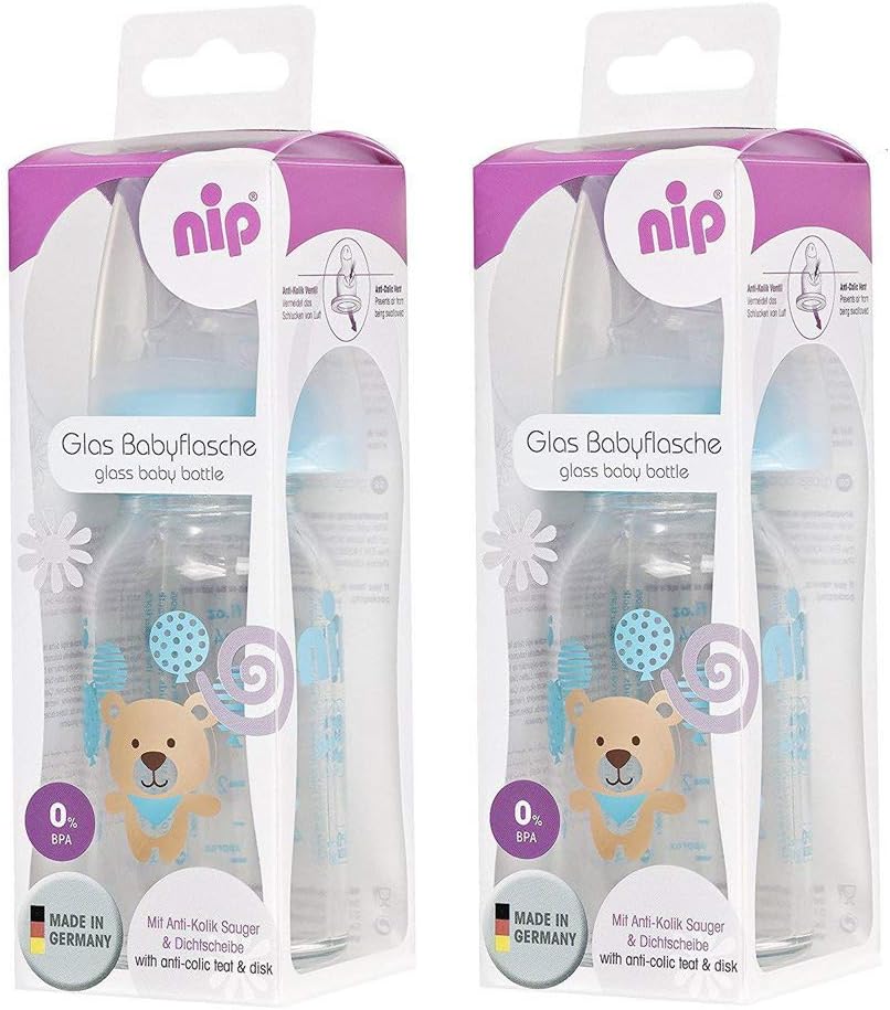 NIP Glass Bottle Boy // Set of 2 // Glass Baby Bottle // Standard Glass Bottle 125 ml // Teat Size S (Silicone/Tea + Breast Milk / From 0 Months) + Nip Dummy 0-6