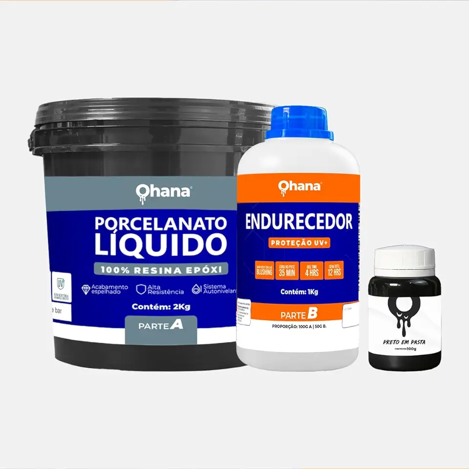 Porcelanato Líquido Epóxi, 100% Resina Epóxi, Preto, 2kg Parte A + 1kg Endurecedor Parte B com Proteção UV