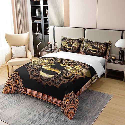 Cotton Bee Bed Sets Boho Mandala Duvet Cover Yellow Flowers Bedding Set King Animal Themed Comforter Cover with Zipper Closure Hippie Florals Bedroom Set Orange Gold Ombre Gradient Decor,Black - Image 2