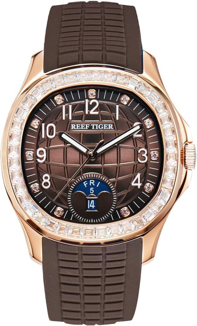 Luxury Rose Gold Diamonds Square Blue Dial Automatic Watch for Men Multi-Functional Luminous Rubber Band Sport Watches RGA1805