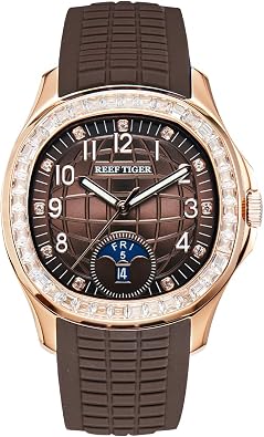 REEF TIGER Luxury Rose Gold Diamonds Square Blue Dial Automatic Watch for Men Multi-Functional Luminous Rubber Band Sport Watches RGA1805