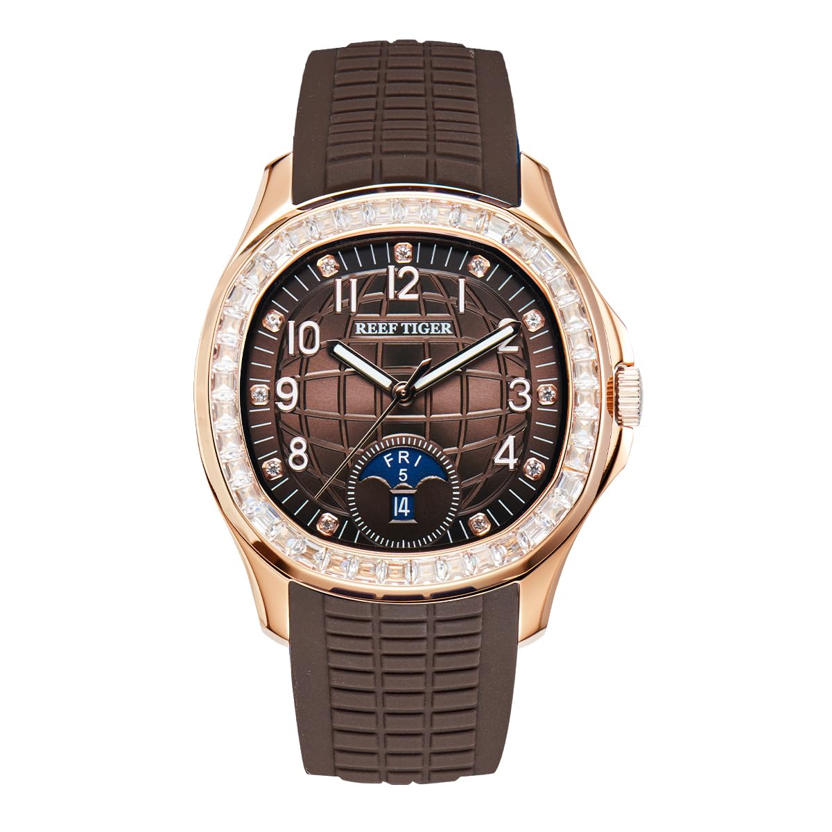REEF TIGER Fashion Square Blue Dial Automatic Watch for Men Luxury Rose Gold Diamonds Calendar Luminous Rubber Band Sport Watches RGA1805