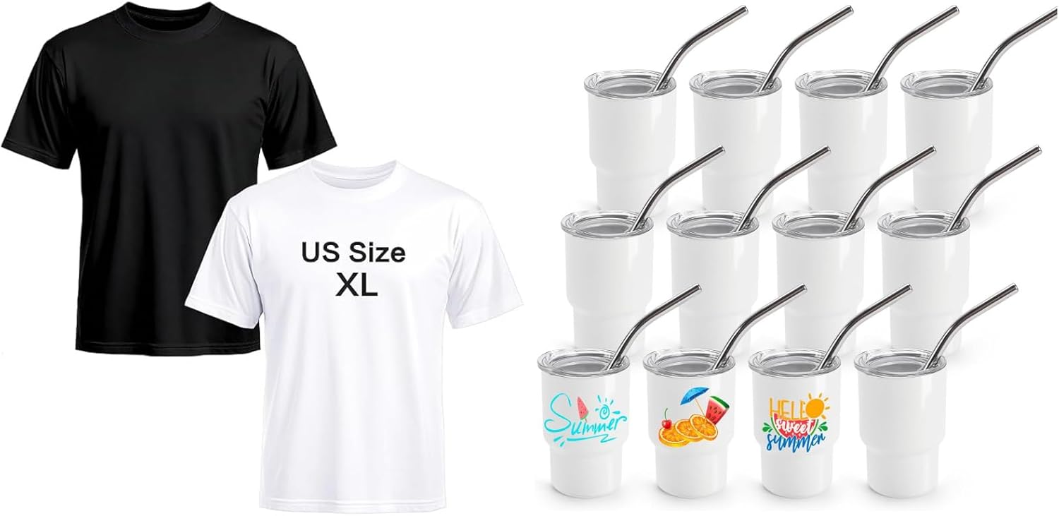 Joyclub Bundle of 2 Pack Black White Adult Unisex Polyester T Shirts and 3 oz Mini Tumbler Shot Glass with Straw and Lid 12 Pack
