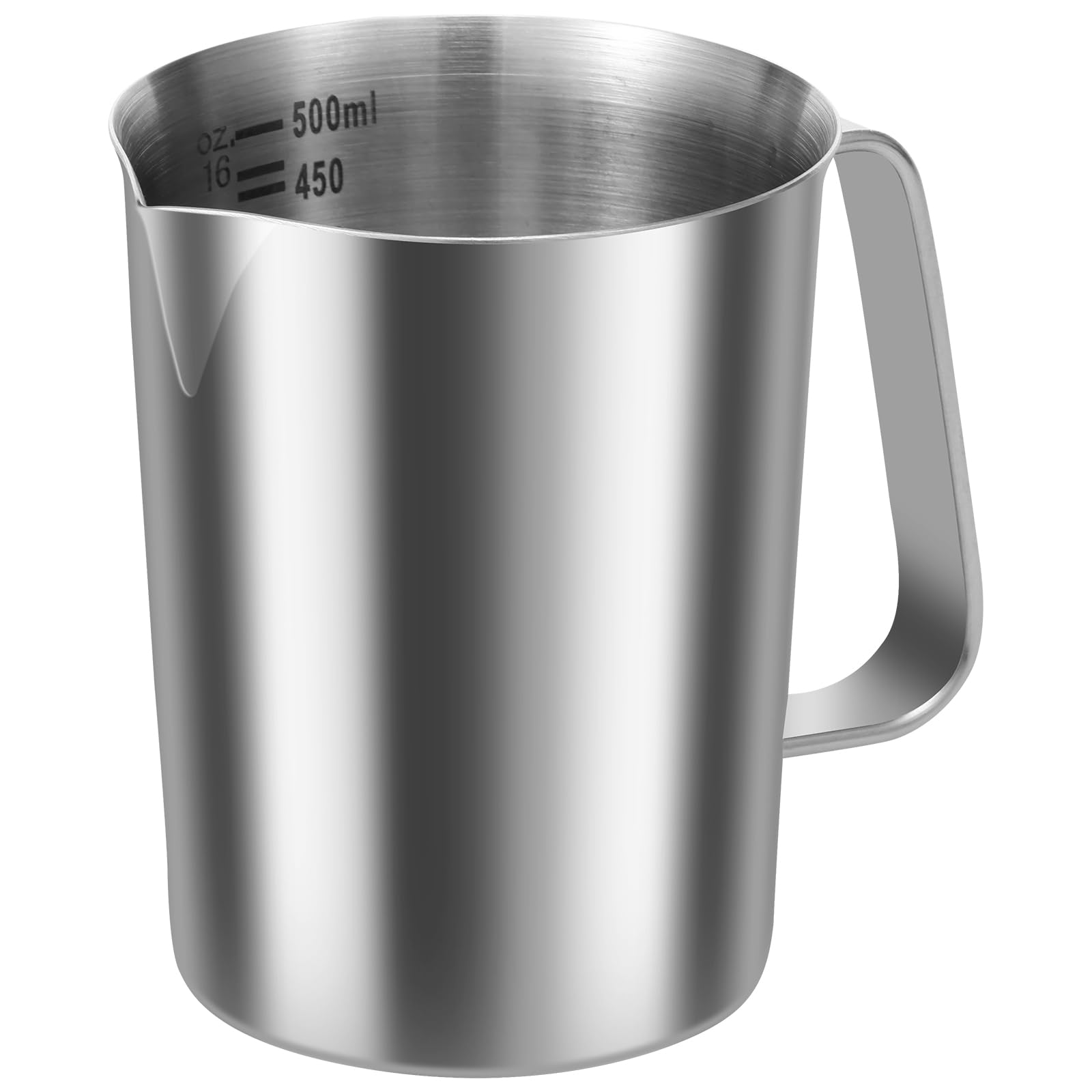 Stainless Steel Milk Jug 500ml Milk Frother Cup with Clear Marking Rust Proof Large Mouth Metal Graduated Beaker with Handle Coffee Cappuccino Latte Art Barista Steam Pitchers for Coffee Lovers