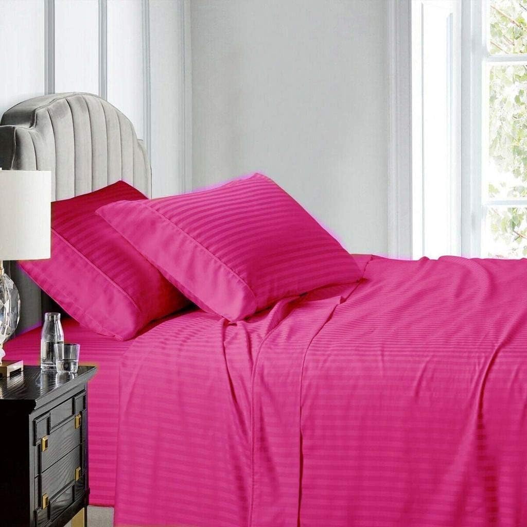 LaxLinen Sheet Set- 4 PCs Bed Sheet Set (10"-12" Inch) Extra Deep Pocket Twin Extra Long Bed Size, Olive/Moss Stripe 600 Thread Count 100% Egyptian Cotton