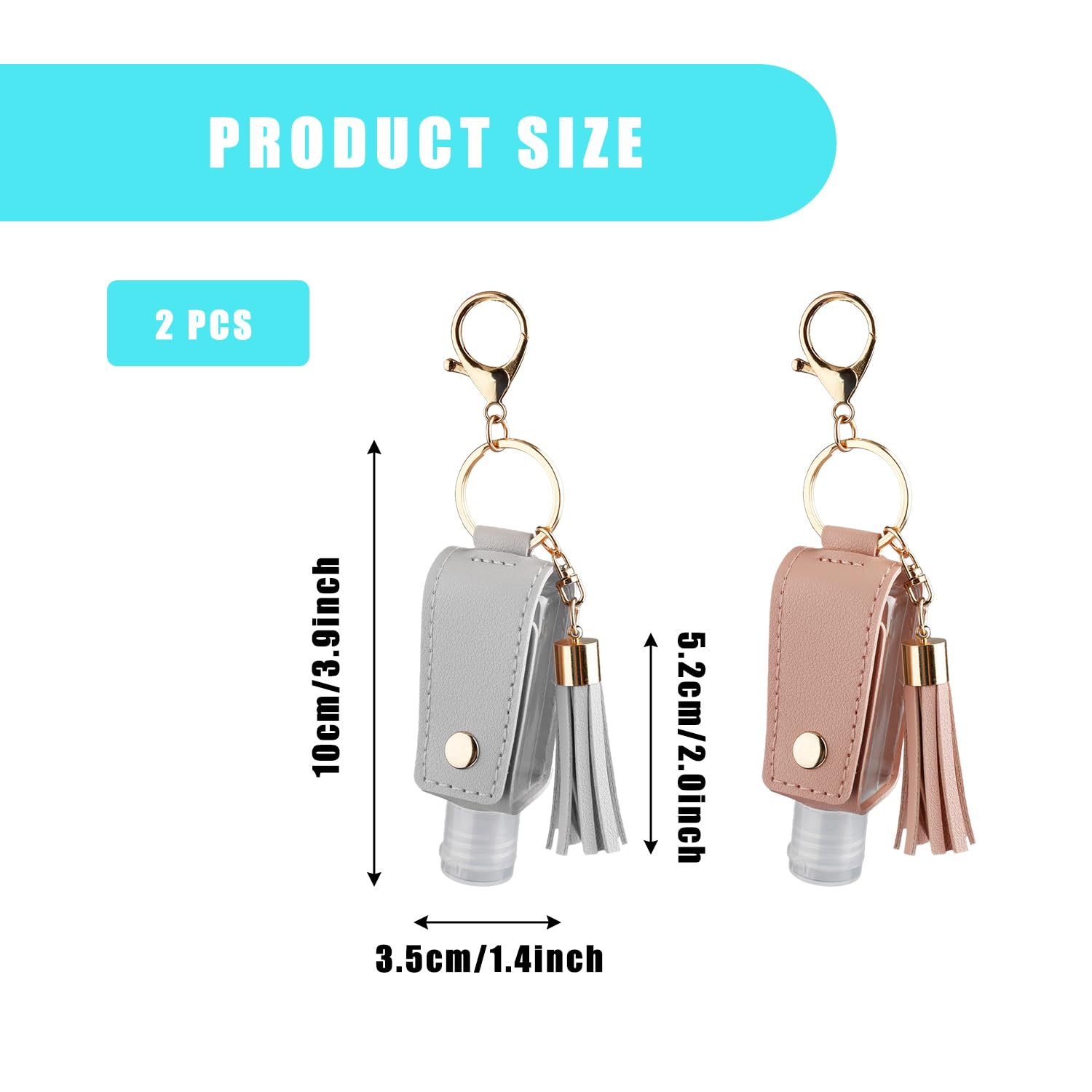 Bojueshaw 2Pack Refillable Travel Bottles Keychain,Leakproof Plastic Bottles with PU Leather Cover,Portable Hand Sanitizer Holders for Travel,Gym,Office - Image 2