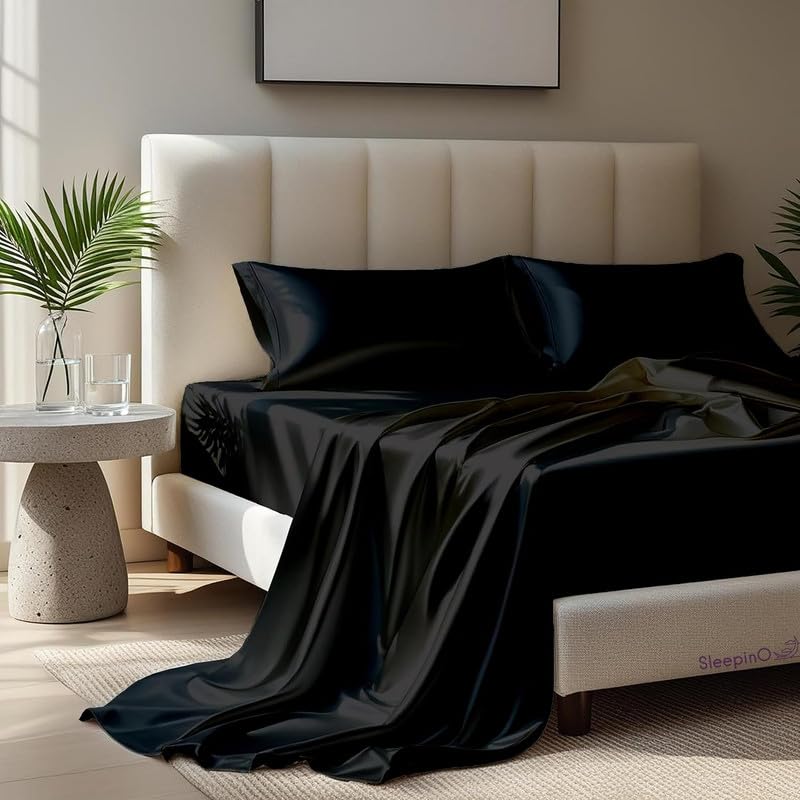 Image of Premium Satin Double Bed (90x100 Inchs) with 2 Pillow Cover Bedsheet Ultra Soft & Silky Smooth, Breathable Cooling Fabric, Luxury Glossy Finish|Midnight Black
