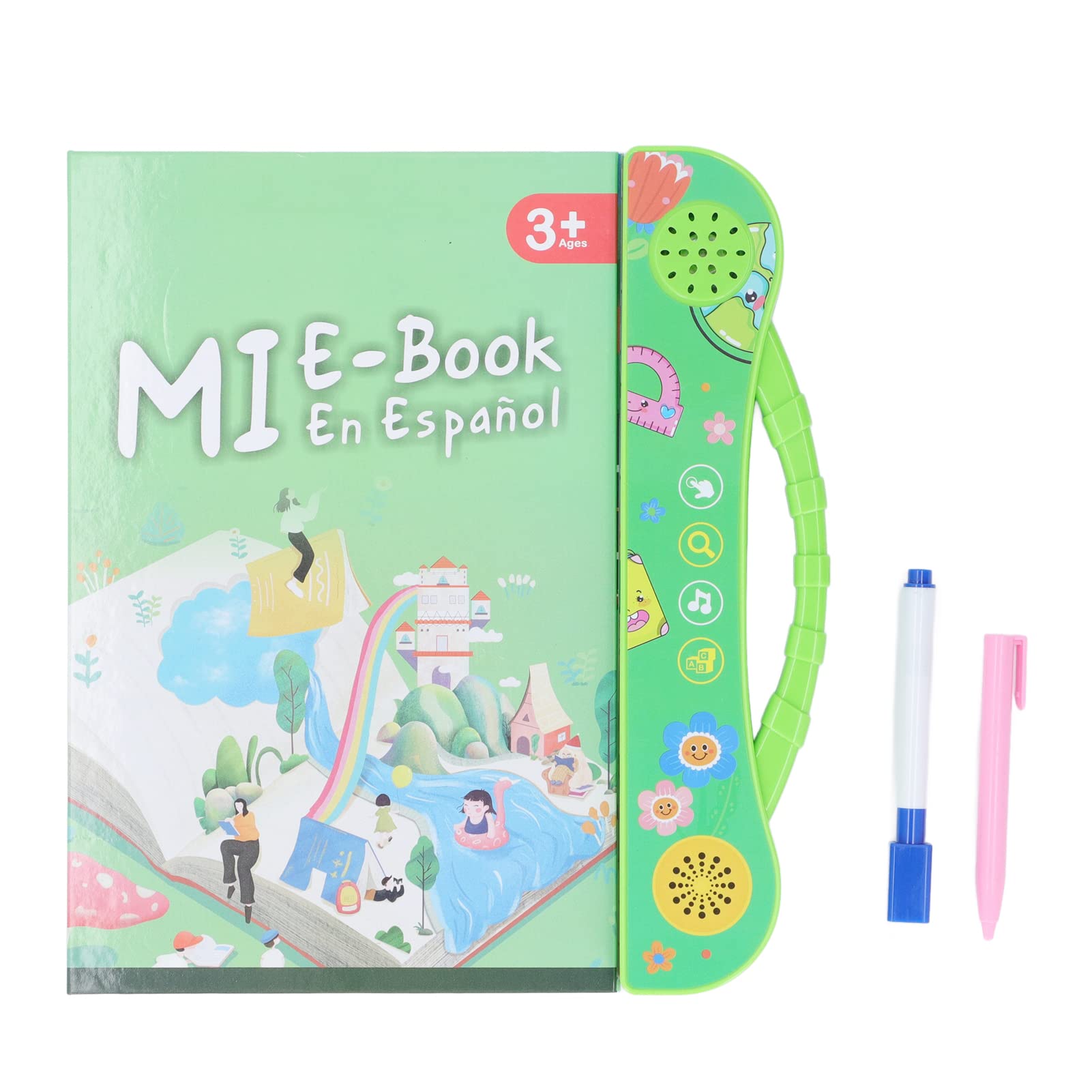 SIXRUN Libro Sonoro Educativo Interattivo Parlante Spagnolo per Bambini con Giochi e Storie, Impara lo Spagnolo per Bambini Verde, Plastica 10,0x9,1 Pollici